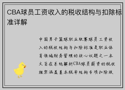 CBA球员工资收入的税收结构与扣除标准详解